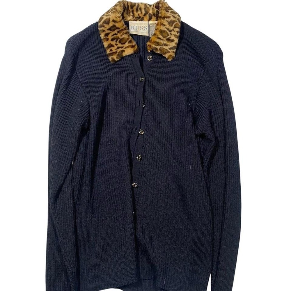 Russ Leopard Collar Black Button Down Cardigan‎ Knit Sweater Vintage Chic Unique